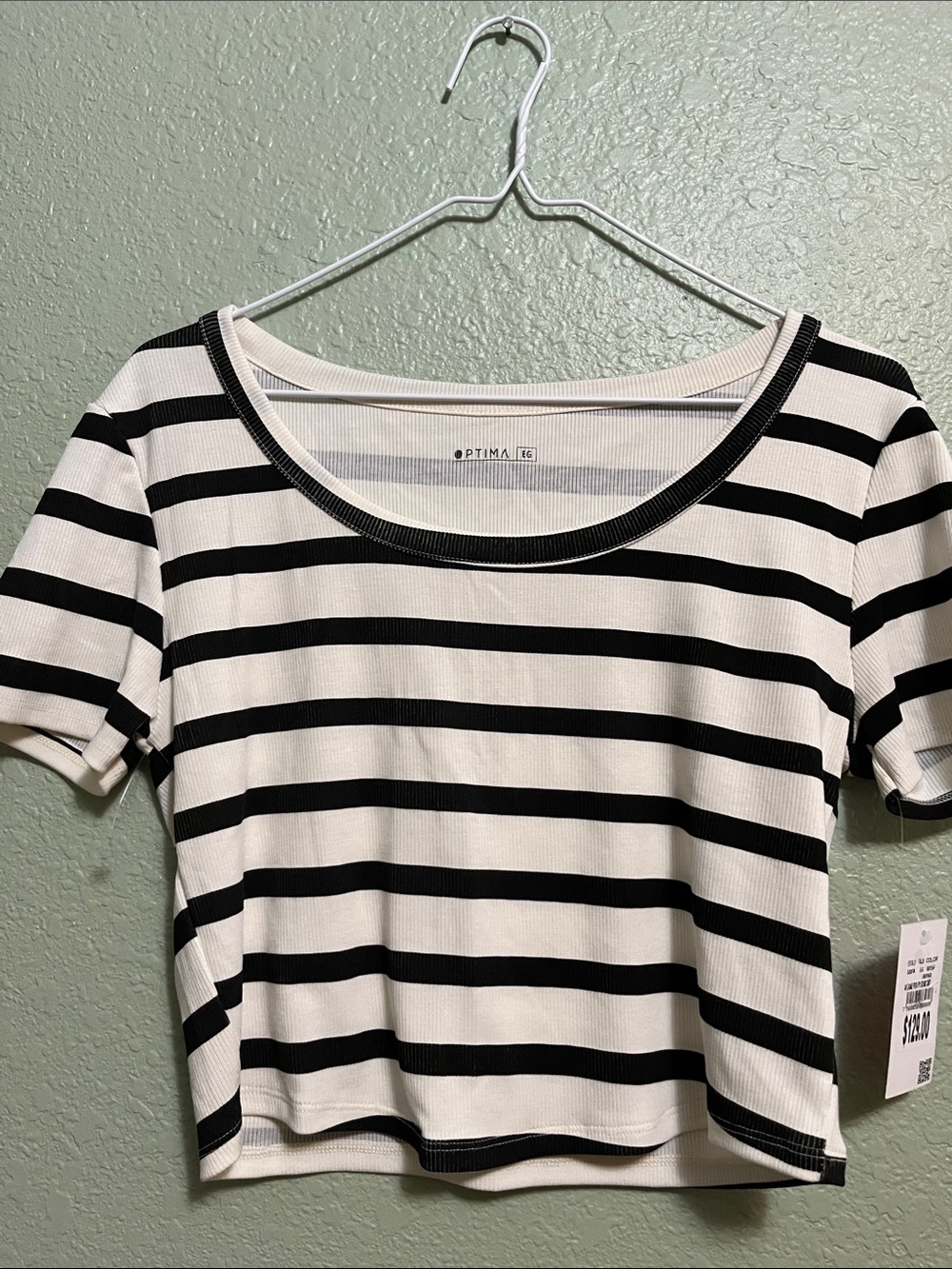 NEW OPTIMA EG juniors Black & White Striped Scoop Neck Crop Tee Sz EG